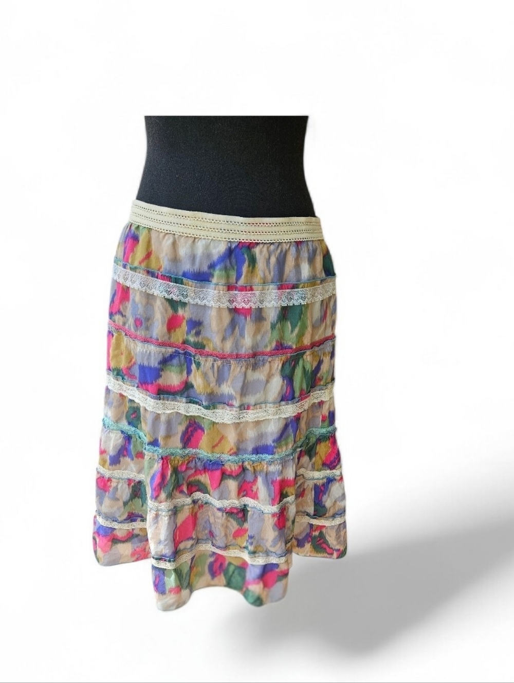 Cynthia Steffe Watercolor Print Tiered Skirt with Lace Trim Size 4